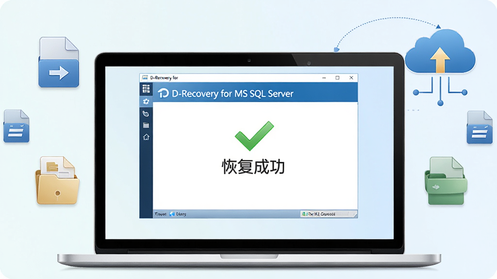 主体:一台笔记本电脑上运行D-Recovery for MS SQL Server,屏幕显示恢复完成;布局:电脑居中,周围有数据文件图标和云备份图案;排版:简洁明了,突出恢复成功界面;风格:清新写实风,浅色背景;细节:屏幕上有绿色对勾和“恢复成功”字样,软件名称“D-Recovery for MS SQL Server”清晰可见;画质:高清,干净,无多余元素