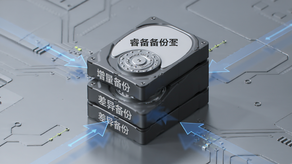 睿备份智能备份技术示意图,画面中央为多个硬盘叠放,硬盘上标有“增量备份”“差异备份”字样,周围有箭头表示数据流动,背景为灰色科技感,风格简洁,画质干净。