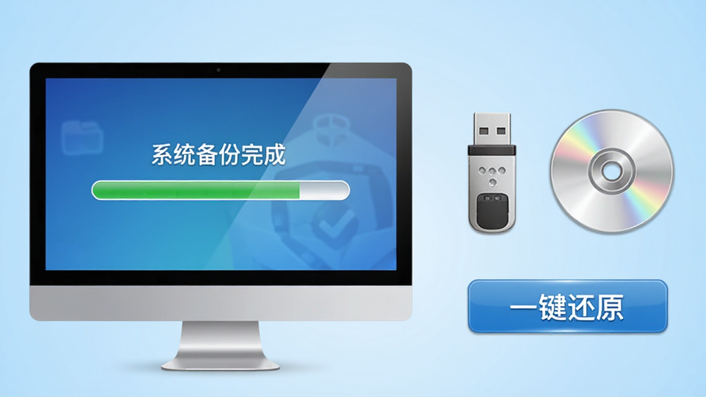 睿备份软件系统备份功能示意图,画面左侧为电脑屏幕,屏幕中显示备份进度条及“系统备份完成”字样,右侧为U盘和光盘图标,下方有“一键还原”按钮,背景为浅蓝色渐变,风格写实,画质清晰,无多余元素。