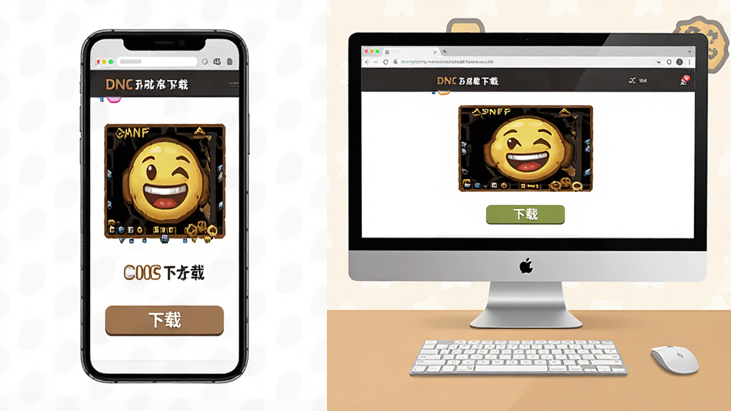 主体:手机和电脑同时显示DNF表情包下载页面,布局:左右分屏,左边手机,右边电脑,排版:下方有“下载”按钮,风格:扁平化,细节:界面简洁,画质:高清。