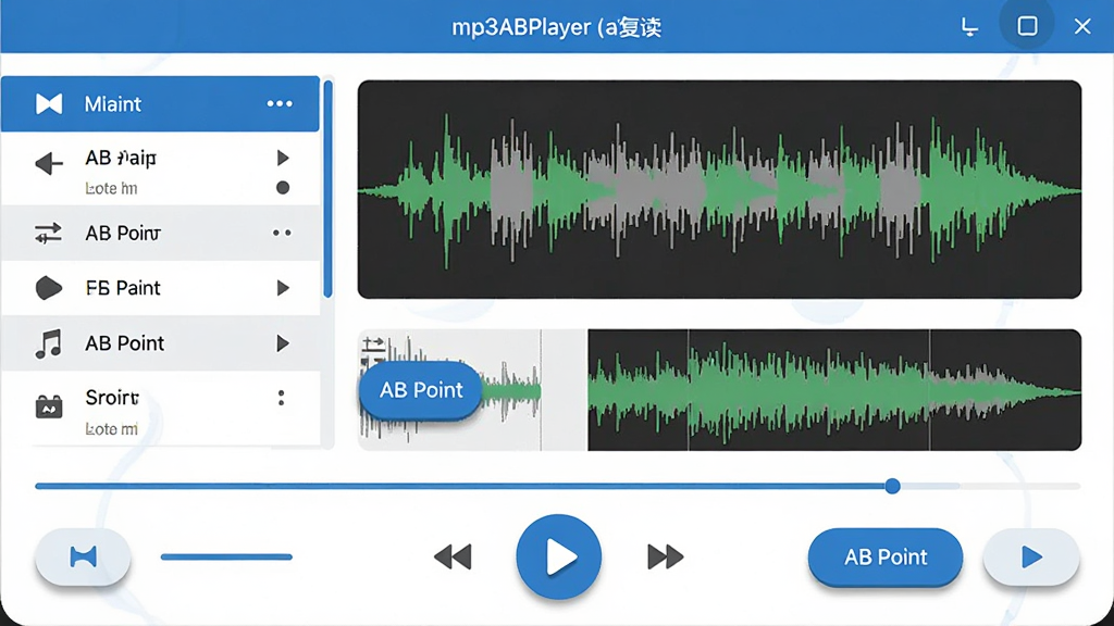 ���壺Mp3ABPlayer��ab�����������Ľ���չʾ��������������б���AB�����ð�ť������ͼ��ʾ���򣬲���������ࡣ�Ű棺����Ԫ�ؾ������У��Ϸ�Ϊ��Ƶ����ͼ���·�Ϊ���ſ�������AB���ǰ�ť������ִ���ƽ����ƣ�ɫ��������Ϊ����ϸ�ڣ�����ͼ��ʾ��ɫ���ɫ���棬��ť����Բ������Ӱ�����ʣ����壬�ɾ����޶���Ԫ�ء�