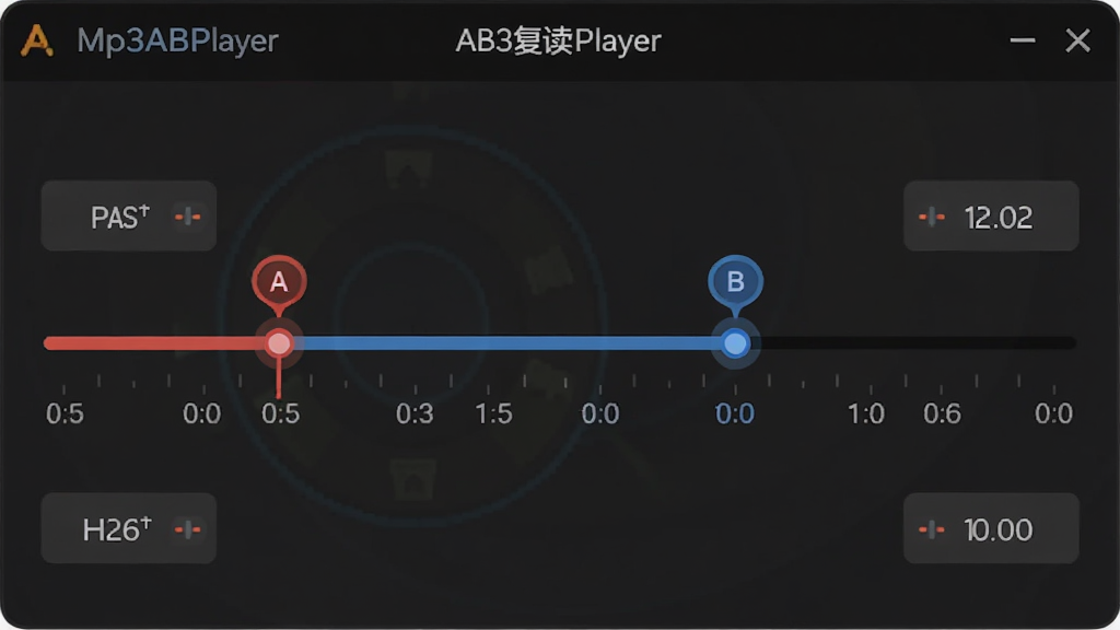 ���壺Mp3ABPlayer��ab������������AB�����ò������棬��ʾ��������A���B��ı��λ�á����֣�������λ�ڽ������룬A����Ϊ��ɫ��B����Ϊ��ɫ����Χ��΢����ť����񣺼�༼���磬��ɫ������ϸ�ڣ�����������ʱ��̶ȣ���ť����������ʾ�����ʣ����壬�ɾ����޶���Ԫ�ء�