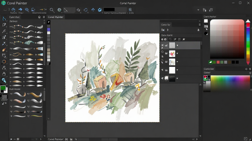 Corel Painter 数字绘画软件主界面,展示画布、笔刷库、图层面板,左侧工具栏,右侧颜色选择器,整体风格专业且充满艺术感,干净整洁,高分辨率,无多余元素