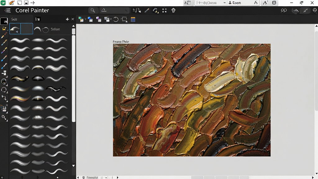 Corel Painter 软件界面中展示笔刷库和画笔效果,画布上有油画质感的笔触,色彩丰富,布局清晰,风格写实,画质细腻,干净无杂质
