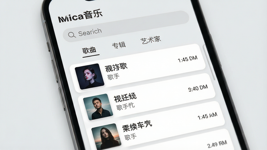 主体:手机屏幕展示Mica音乐播放器的音乐库分类界面。布局:屏幕上方为搜索栏,下方为歌曲列表,左侧显示专辑缩略图。排版:列表项包含歌曲名、歌手名和时长,排列整齐。风格:现代简约,背景为浅灰色,白色卡片式列表。细节:屏幕顶部显示“Mica音乐”字样,分类标签如“歌曲”“专辑”“艺术家”清晰可见。画质:高清,干净无多余元素。