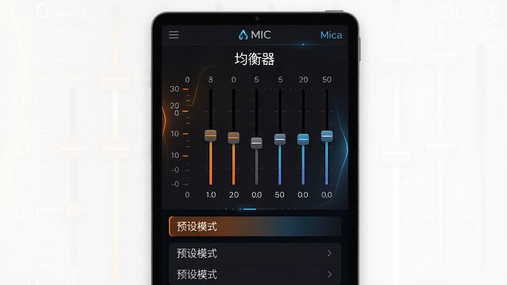 主体:Mica音乐播放器的均衡器调节界面。布局:屏幕中央为主,显示频率刻度和调节滑块,下方为预设模式列表。排版:刻度线清晰,滑块位置一目了然。风格:深色背景,橙色和蓝色渐变线条,科技感十足。细节:屏幕上方有“均衡器”字样,并显示“Mica”品牌标识。画质:高清,干净无多余元素。