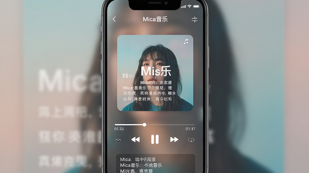 主体:手机屏幕显示Mica音乐播放器的正在播放界面,背景为模糊的专辑封面。布局:屏幕中央为专辑封面大图,下方为进度条、播放控制按钮和歌词区域。排版:封面为方形,歌词为白色滚动文字。风格:毛玻璃效果,色彩柔和。细节:屏幕顶部显示“Mica音乐”字样,进度条带有时间数字。画质:高清,干净无多余元素。