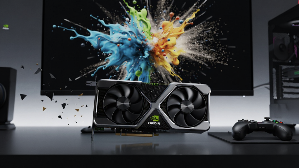 一张现代电竞桌上摆放着NVIDIA显卡和游戏手柄,背景是呈现流体与粒子爆炸特效的电脑屏幕,主体为显卡与屏幕,布局为主次分明,排版居中,风格写实科技感,细节包含光线追踪反射与物理碎片,画质为8K高清,干净无多余元素