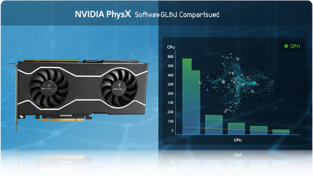 展示NVIDIA PhysX软件GPU加速的界面,主体是显卡与CPU负载对比图,布局左右对比,排版简洁,风格科技蓝调,细节有粒子系统模拟,画质高清,干净无多余元素