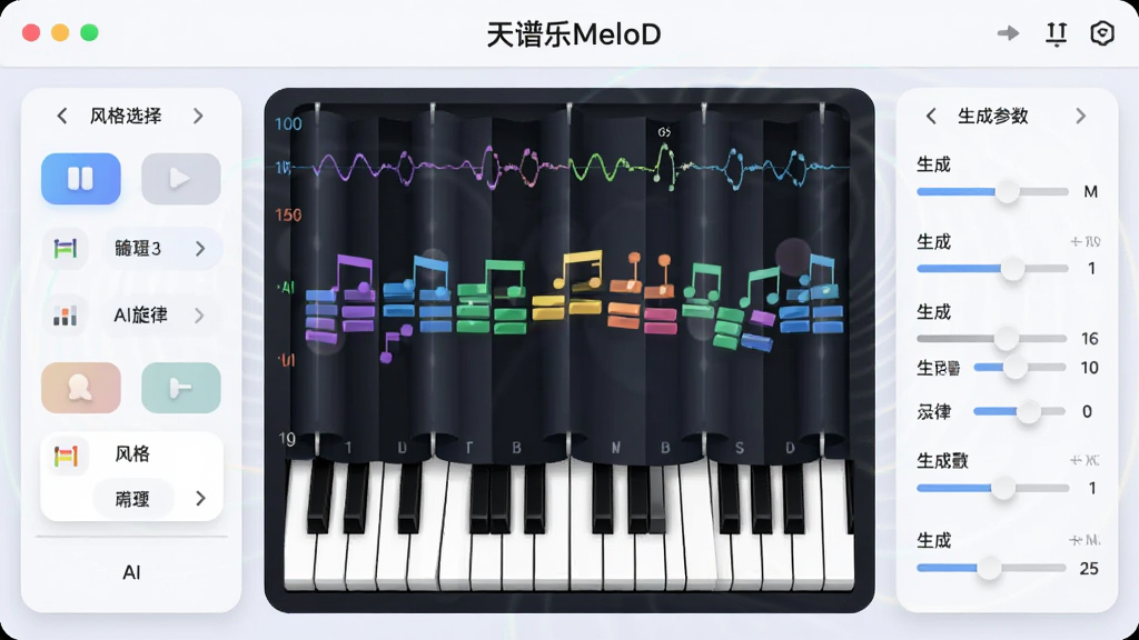 画面主体为天谱乐MeloD的AI旋律生成功能界面,界面中央有虚拟钢琴卷帘窗,AI生成的旋律以彩色音符块呈现,左侧为风格选择菜单,右侧为生成参数调节面板,整体布局左右对称,排版简洁,风格为扁平化UI设计结合微拟物,细节包含波形辅助线与“天谱乐MeloD”字样,画质清晰干净,无多余元素