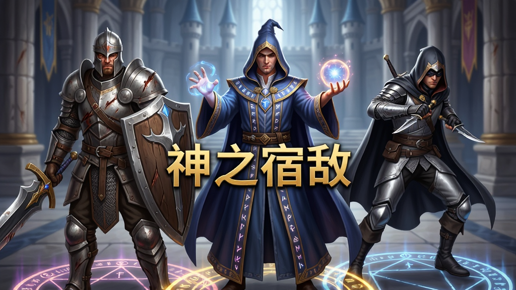 主体:三位不同职业的英雄并排站立,左侧是持盾重剑的战士,中间是身披法袍、手聚奥术光球的法师,右侧是双持匕首、身形敏捷的刺客。布局:三人呈三角站位,战士在前、法师居中、刺客偏后,背景是宏伟的城堡大厅。排版:横向构图,三人之间留有适当间距,突出职业差异。风格:精美CG插画风格,色彩浓郁,光影柔和。细节:战士铠甲有战损痕迹,法师法袍边缘有魔法符文,刺客斗篷下露出银色锁甲,三人脚下有圆形魔法阵。画质:8K超清,细节丰富,干净,无多余元素,画面中央悬浮“神之宿敌”金色标题。