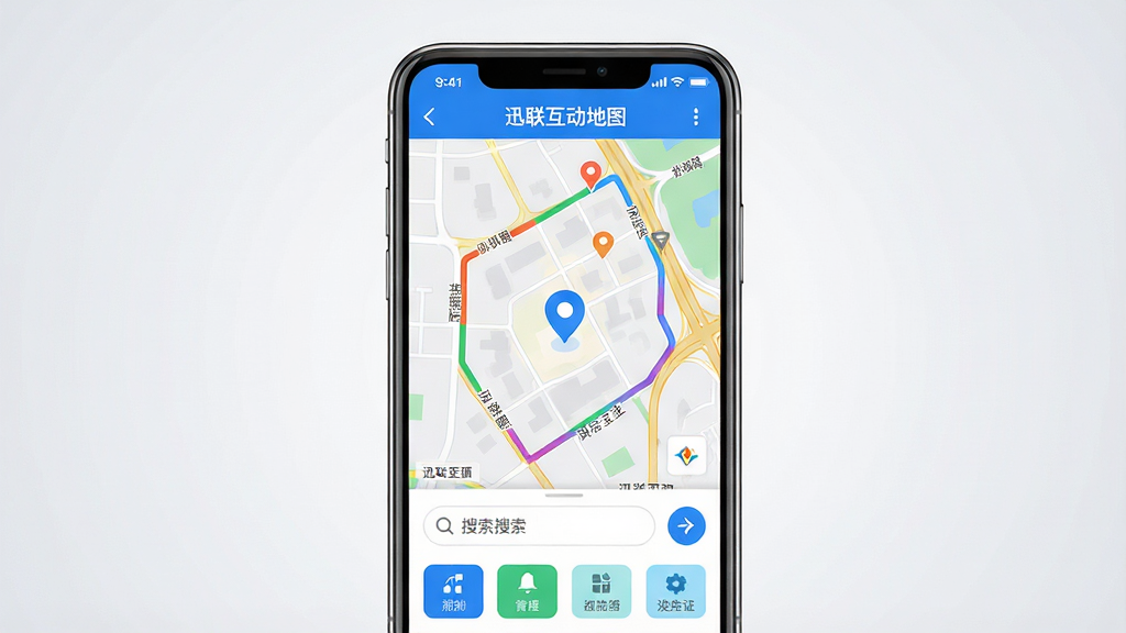 ���壺һ�������ֻ���ĻչʾѸ��������ͼ�����棬��ͼ����ʾ��ɫ·�ߺ���ɫ��λ�㣬�����·����������͹��ܰ�ť�����֣��ֻ����У���Ļ���������ɼ�������Ϊǳ��ɫ���䣬Ӫ��Ƽ��С��Ű棺�ֻ�����ռ����70%���������ף�ͻ���������档����ִ���ƽ����ƣ�ɫ���������£����ϵ�ͼ����Ӧ�õ��Ӿ����ԡ�ϸ�ڣ���ͼ�ϱ�ע��·���ƺ͵ر�ͼ�꣬��Ļ������ʾ��Ѹ��������ͼ�����������ʣ�������Ⱦ���ɾ��޶���Ԫ�ء�