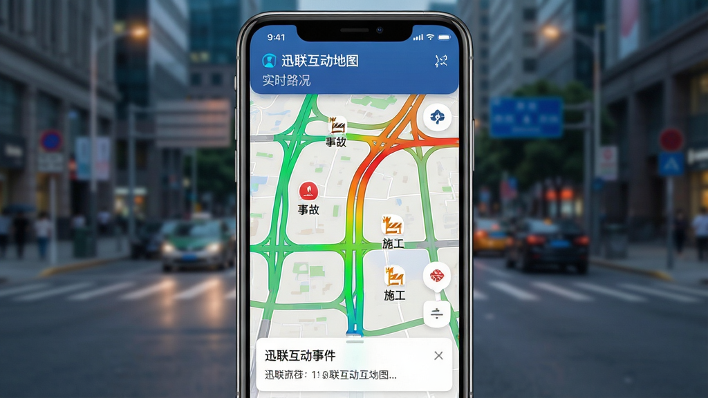 ���壺�ֻ���Ļ��ʾѸ��������ͼ��ʵʱ·��ͼ�㣬��·��ɫ���̵��콥�䣬��ʾͨ���ٶȣ��ײ���·���¼���Ƭ�����֣��ֻ��������У�����Ϊģ���ĳ��нֵ�ʵ�����Ű棺�ֻ���Ļռ���壬·����ɫ�������ɱ档��񣺿Ƽ���UI��ƣ�ɫ�ʶԱ�������ϸ�ڣ���ͼ���С��¹ʡ�����ʩ����Сͼ�꣬��Ļ������ʾ��Ѹ��������ͼ���͡�ʵʱ·���������ʣ����壬�޶���װ�Ρ�