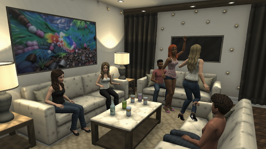 IMVU3D社交场景,画面展示一个装饰豪华的虚拟客厅,多位3D角色正在沙发上聊天、跳舞,墙上挂着动态壁纸,灯光效果柔和,桌上摆放着饮品,整体氛围温馨热闹,风格写实,画质高清,干净整洁