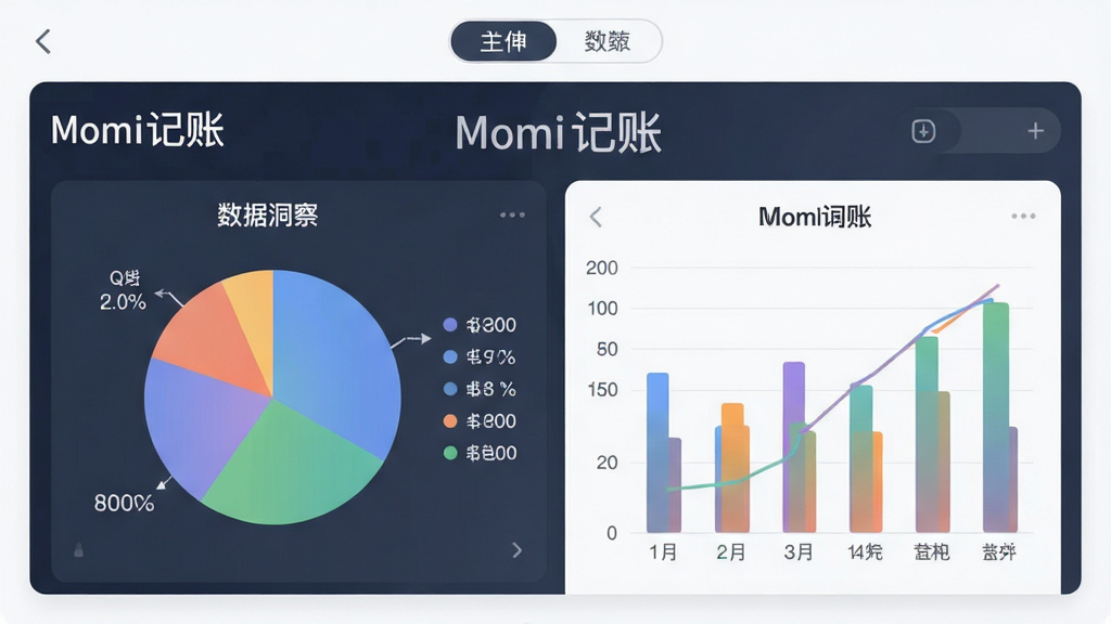 主体:Momi记账的统计报表界面,显示饼图和柱状图,布局:图表占据屏幕主体,顶部有切换标签,排版:数据标签清晰,突出“Momi记账”数据洞察功能,风格:商务数据可视化风格,细节:图表色彩丰富但柔和,画质:高分辨率,干净,无多余元素