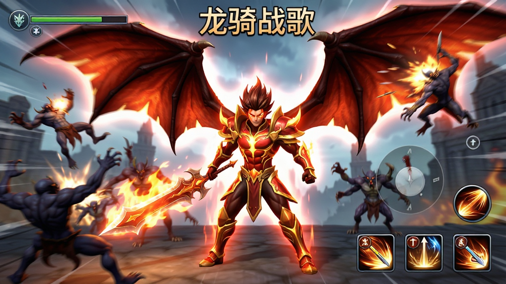 游戏内战斗场景截图,主角英雄开启“杀神”变身,全身被红色与金色光芒包裹,背后长出巨大的恶魔之翼,手中的武器燃起熊熊烈焰。屏幕内大量怪物被击飞的瞬间特效。UI界面干净,技能图标位于右下角。画面充满速度感与力量感,色彩张扬华丽。图片上方标注“龙骑战歌”字样。画质锐利清晰,无任何水印或多余文字。