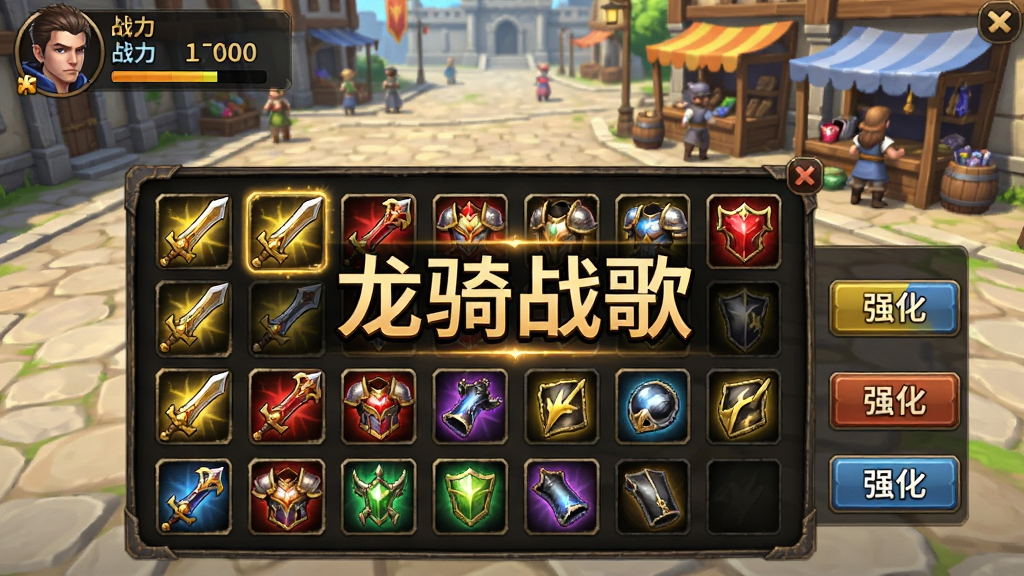 游戏背包界面截图,背包中堆满了各种颜色品质的装备图标,包括金色传说武器、红色史诗防具等。界面左侧显示角色战力数值,右侧为装备强化按钮。背景是游戏内的主城广场,有NPC商贩。整体UI布局整洁清晰,物品图标精细。图片中央显示“龙骑战歌”四字,作为游戏内福利活动展示图。画质明亮,色彩鲜艳。