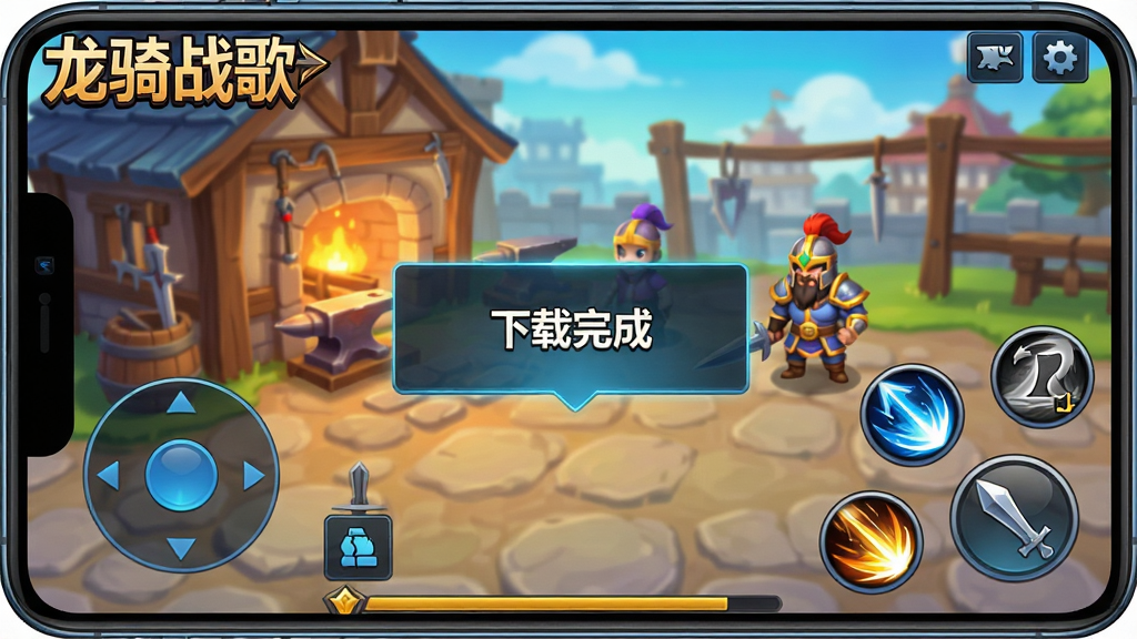 手机游戏操作界面示意图,画面展示游戏主城界面,屏幕左侧有虚拟摇杆,右侧有技能按钮。界面中央弹出“下载完成”提示框。背景是游戏内的铁匠铺与NPC。整体色彩明亮,UI设计现代化。图片中标注“龙骑战歌”游戏名称。画质清晰,展示游戏下载安装成功后的界面。