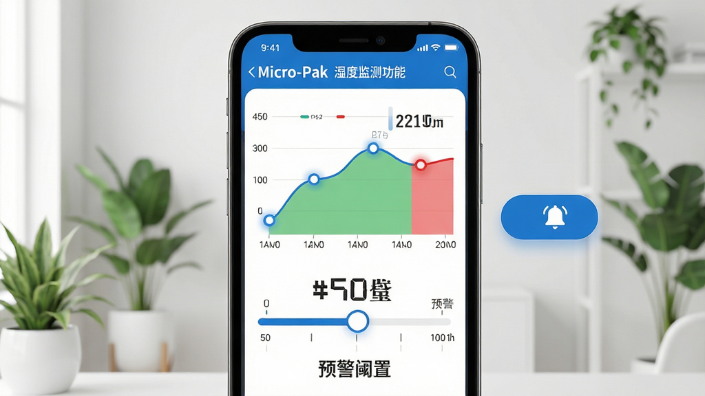 主体:Micro-Pak软件湿度监测功能页面,手机屏幕显示实时湿度曲线图与预警阈值设置滑块,背景为简洁的室内环境,有绿植点缀。布局:手机屏幕居中,湿度曲线占据屏幕上半部分,下方为阈值调节滑块与当前数值显示,右侧悬浮预警按钮。排版:曲线图采用流畅的折线样式,时间轴标注清晰,数据点带有高亮圆点。风格:科技蓝与白色为主,辅以绿色安全区与红色警报区色彩区分,整体清爽直观。细节:湿度数值以超大字体显示,阈值滑块带有刻度标识,预警按钮带有铃铛图标。画质:高清渲染,画面干净无多余元素。