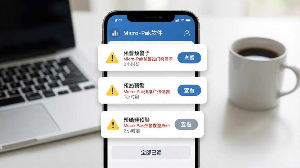主体:Micro-Pak软件预警推送功能展示,手机屏幕显示多条预警通知卡片,背景为办公桌面,有笔记本和咖啡杯。布局:手机屏幕居中,通知卡片自上而下排列,每条卡片包含图标、标题与时间戳,顶部为状态栏。排版:卡片式列表布局,每条通知独立显示,预警内容用红色字体标注,正常通知为灰色。风格:简洁商务风,白色背景搭配蓝灰配色,卡片带有轻微圆角与阴影。细节:预警卡片左侧有黄色警告三角图标,右侧有“查看”按钮,底部有“全部已读”操作栏。画质:高清渲染,干净无多余元素。