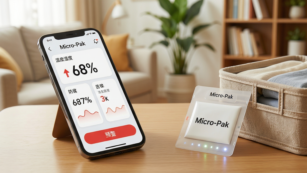 主体:Micro-Pak软件使用场景展示,手机放置在桌面,屏幕显示湿度数据与操作按钮,旁边放有实体防霉贴片与衣物收纳盒。布局:手机斜放于桌面左侧,右侧为贴片与收纳盒,背景为明亮客厅,有绿植与书架。排版:手机屏幕内容清晰可见,数据卡片与操作按钮布局合理,贴片上有品牌Logo。风格:生活化场景,暖色调为主,画面温馨自然。细节:屏幕显示湿度68%与“预警”红色按钮,贴片上有LED指示灯。画质:高清摄影质感,干净无多余元素。