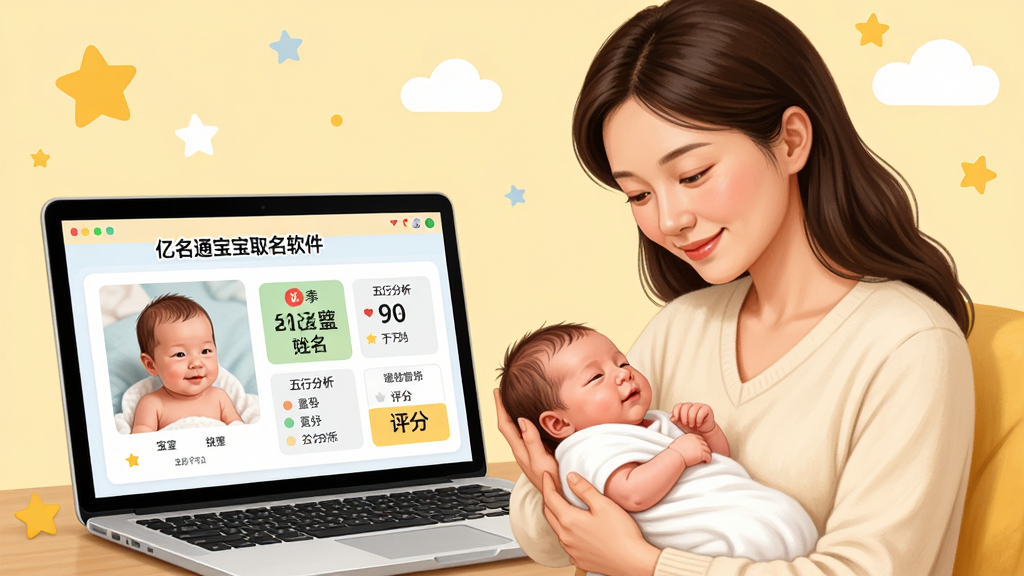 画面主体为一名慈爱的母亲怀抱新生儿,面前摆放着一台笔记本电脑,屏幕清晰显示“亿名通宝宝取名软件”的界面,界面中有宝宝姓名、五行分析、评分等元素。整体布局采用温馨明亮的家庭场景,背景为柔和的浅黄色调,点缀星星与云朵图案。风格为写实插画,细节丰富,人物表情温柔,画质干净高清,无多余元素。