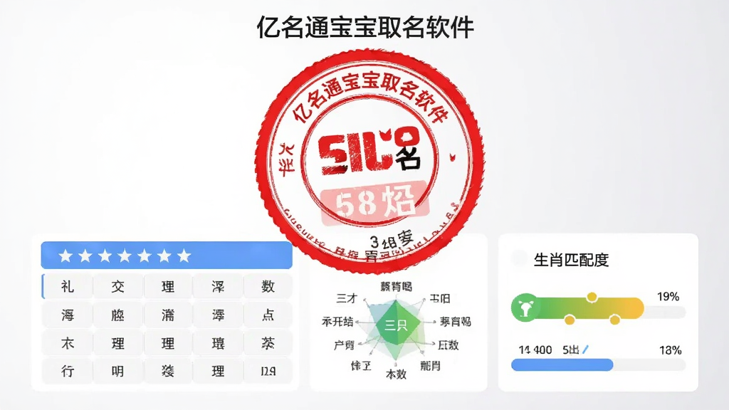 图片主体为“亿名通宝宝取名软件”的评分结果页面,一个醒目的红色圆形分数印章盖在名字上方,下方为五格数理表格与三才配置图,旁边有生肖匹配度条。背景为浅灰渐变,风格为简洁商务风,数据可视化图标清晰,画质干净,无多余元素。