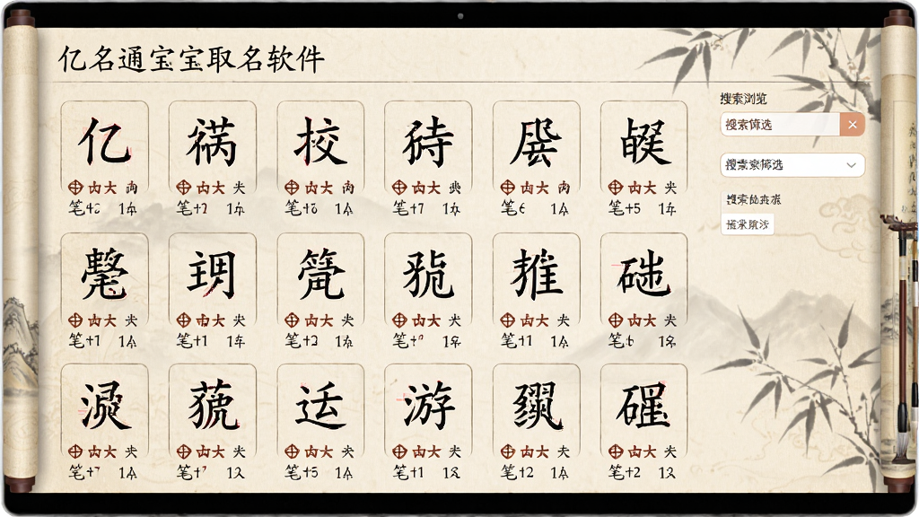 展示“亿名通宝宝取名软件”的字库浏览界面,屏幕上以网格形式排列着多个汉字,每个字下方标注五行与笔画,右侧有搜索筛选栏。背景为淡雅的米色书卷纹理,风格为古风与现代结合,排版整齐,文字清晰,画质细腻,无多余元素。