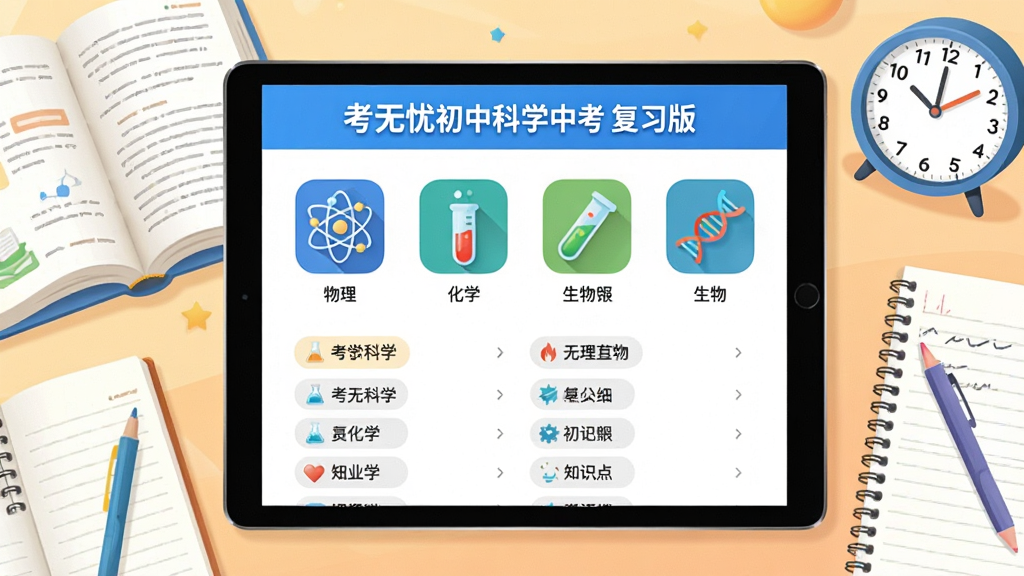 主体:考无忧初中科学中考复习版软件界面,展示在平板电脑上,屏幕中显示物理、化学、生物等学科图标和知识点列表。布局:平板居中,周围环绕课本、笔记、时钟等学习元素。排版:界面清晰,图标排列整齐,颜色鲜艳。风格:现代教育插画风,明亮清爽。细节:屏幕上有“考无忧初中科学中考 复习版”字样,学科图标有原子、试管、DNA等。画质:高清,干净,无多余元素。