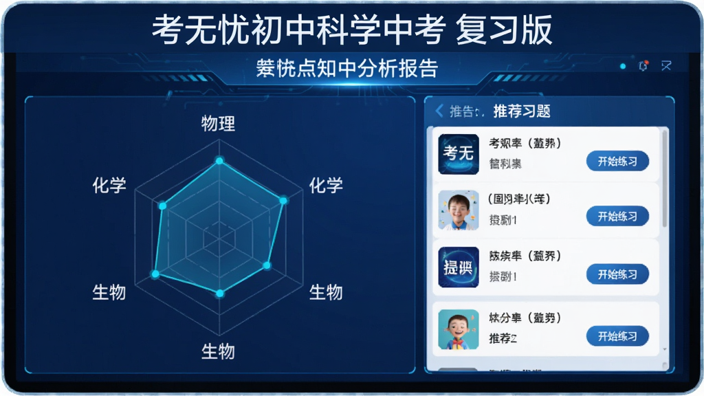 主体:考无忧初中科学中考复习版智能测评功能界面,屏幕上显示雷达图分析报告和推荐习题。布局:左侧为知识点雷达图,右侧为推荐练习列表。排版:数据可视化图表,清晰直观。风格:科技感教育风格,蓝色调为主。细节:雷达图标注物理、化学、生物等科目,推荐列表有“开始练习”按钮,屏幕顶部有“考无忧初中科学中考 复习版”字样。画质:高清,干净,无多余元素。