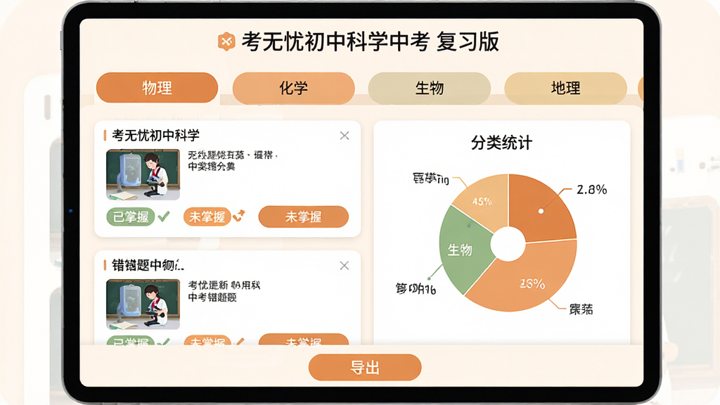 主体:考无忧初中科学中考复习版错题本界面,屏幕显示错题列表和分类统计图。布局:上方为学科分类标签(物理、化学、生物、地理),下方为错题卡片,每张卡片有题目缩略图和解析按钮。排版:卡片式布局,统计图用饼图展示错题比例。风格:简约扁平化,暖色调。细节:卡片上有“已掌握”“未掌握”状态标记,屏幕底部有“导出”按钮,顶部有“考无忧初中科学中考 复习版”字样。画质:高清,干净,无多余元素。