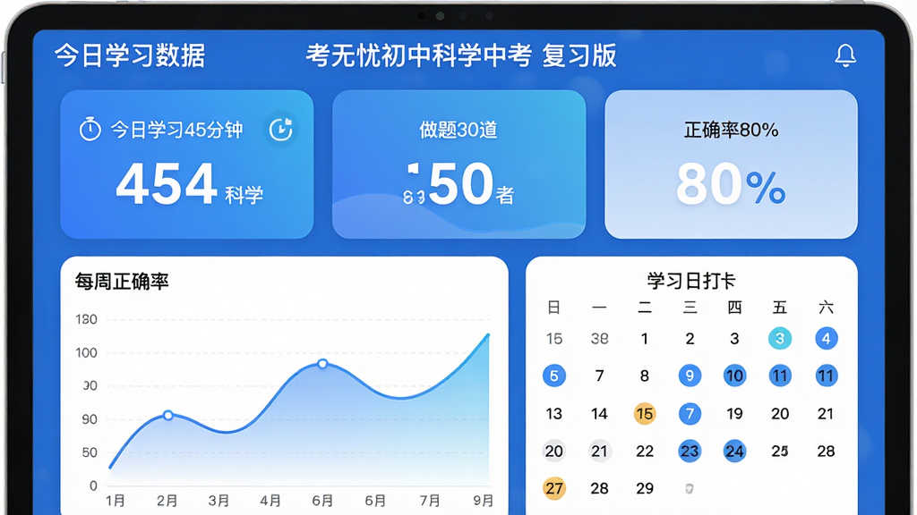 主体:考无忧初中科学中考复习版学习进度界面,屏幕显示折线图和学习日历。布局:上方为今日学习数据卡片,下方为每周正确率折线图和日历打卡。排版:数据卡片用大数字显示,折线图平滑。风格:清爽数据风,蓝色渐变。细节:卡片显示“今日学习45分钟”“做题30道”“正确率80%”,日历有打卡标记,顶部有“考无忧初中科学中考 复习版”字样。画质:高清,干净,无多余元素。