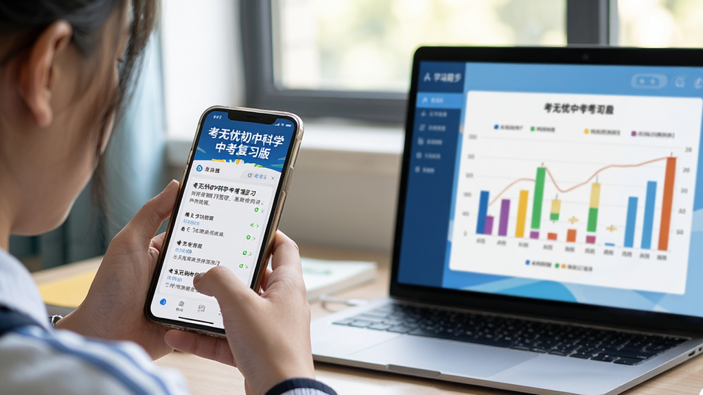 主体:学生使用手机或电脑学习考无忧初中科学中考复习版,屏幕显示学习报告。布局:左边学生用手机刷题,右边电脑屏幕显示进度图表。排版:双设备并排,突出多端同步。风格:写实教育摄影风,自然光。细节:手机屏幕上有“考无忧初中科学中考 复习版”字样,电脑屏幕有彩色图表。画质:高清,干净,无多余元素。
