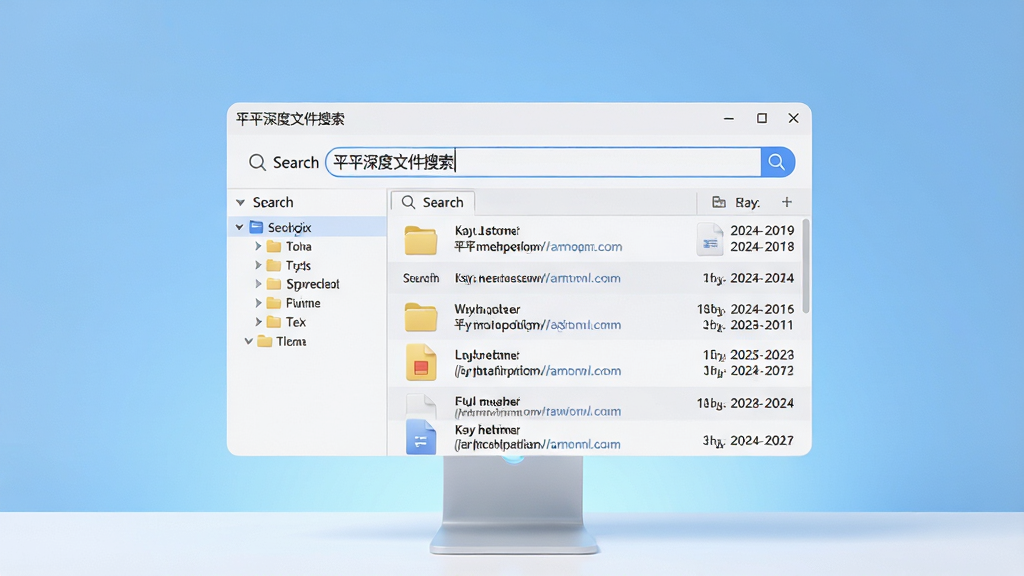 主体:一个简洁明亮的电脑桌面,屏幕上显示“平平深度文件搜索”的软件界面,搜索框内输入关键字,下方列出多个文件图标与路径。布局:居中展示软件主界面,桌面背景为干净的渐变蓝色,四周留白。排版:界面采用列表式排列,左侧为文件夹树,右侧为搜索结果,整体风格现代简约。风格:写实3D渲染,光影柔和,色彩清新。细节:文件图标清晰可辨,搜索栏有放大镜图标,结果条目包含文件名、大小和修改日期。画质:高清细腻,干净,无多余元素。