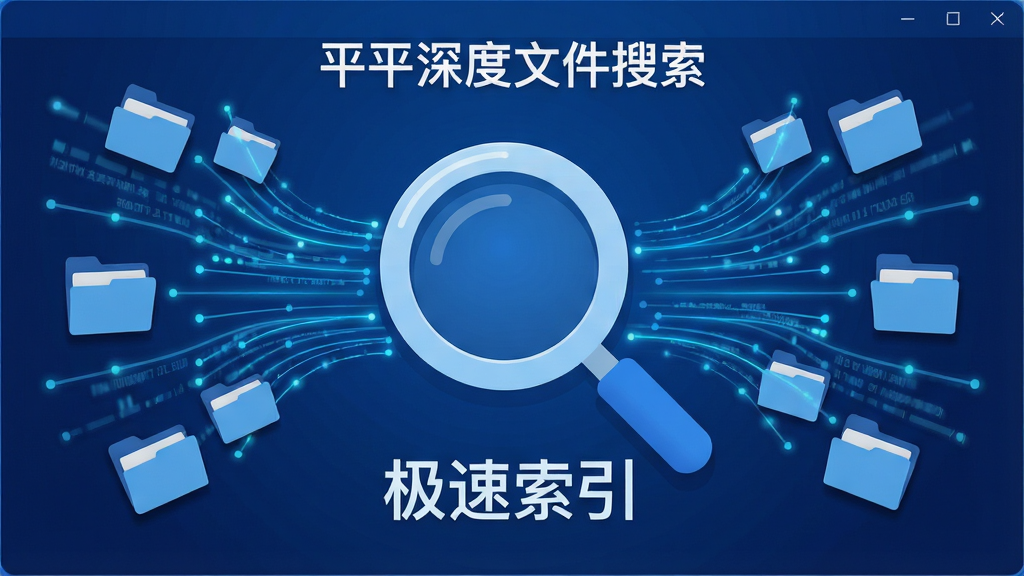 主体:“平平深度文件搜索”软件界面,显示一个巨大的放大镜图标,下方有“极速索引”字样,周围环绕着快速流动的数据线条和文件夹图标。布局:放大镜居中,数据线条呈放射状向外延伸,文件夹散落四周。排版:中心对称,文字与图标错落有致。风格:科技感扁平插画,蓝色调。细节:数据线条带有发光效果,文件夹图标有细微阴影。画质:干净,无多余元素。
