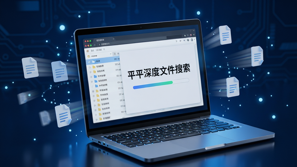 主体:一台笔记本电脑,屏幕显示“平平深度文件搜索”正在高速扫描文件,周围有文件的虚拟图标快速掠过。布局:电脑居中,屏幕内容放大展示,背景为深蓝色科技感光效。排版:电脑斜放,屏幕朝向观众,四周有光点。风格:3D渲染,科技感。细节:屏幕中有文件列表和进度条,键盘有背光。画质:高清,干净,无多余元素。