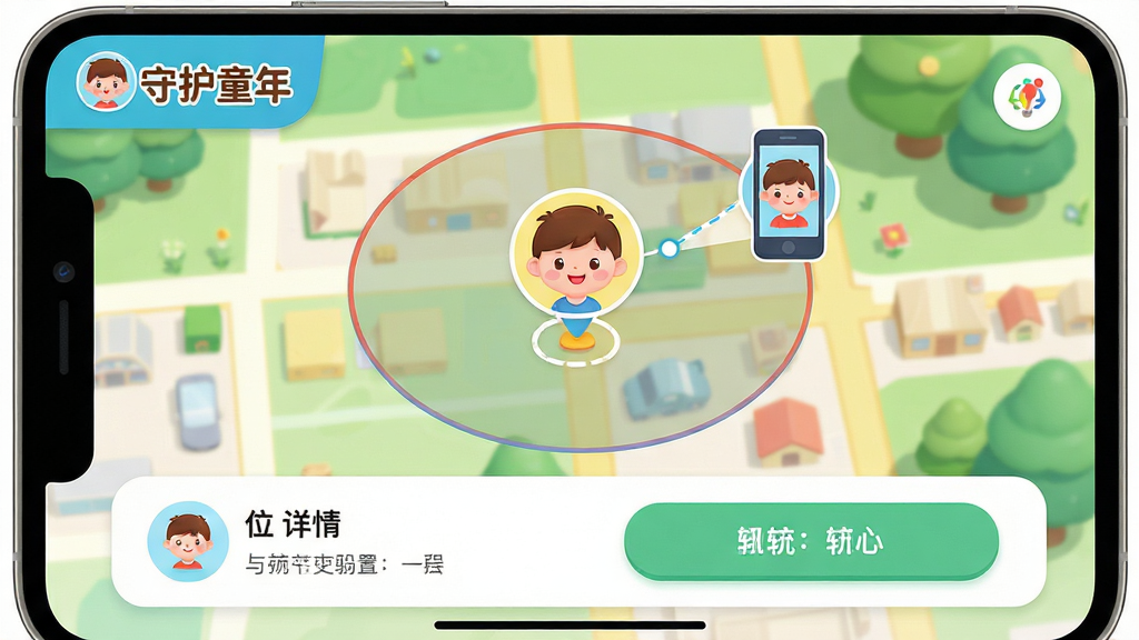 主体:守护童年软件地图定位界面,显示孩子位置与安全围栏;布局:地图占据主画面,底部有位置详情卡片与轨迹按钮;排版:简洁直观,地图标记清晰,按钮易触达;风格:清新卡通风格,色彩明亮;细节:地图上显示“守护童年”标识,孩子头像与家长手机连线;画质:高清,色彩饱和,干净无多余元素
