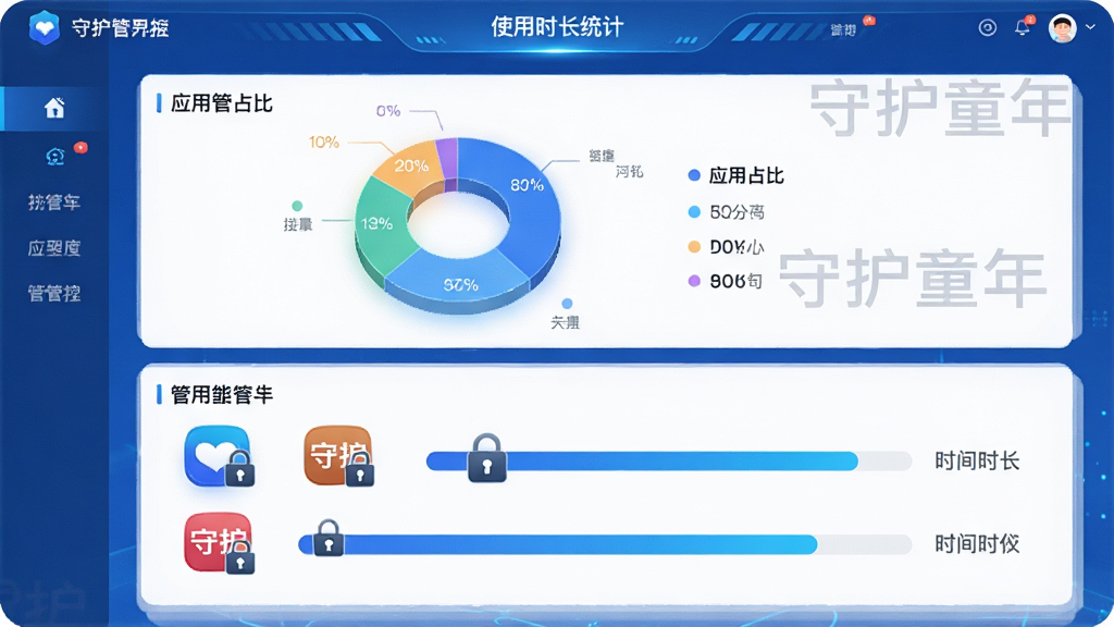 主体:守护童年应用管控界面,展示应用列表与使用时长统计;布局:上方为饼状图显示应用占比,下方为应用图标与时间条;排版:图表化展示,数据可视化;风格:科技感,蓝色调,卡片式;细节:界面有“守护童年”水印,被管控应用带锁图标;画质:高清,数据清晰,干净无多余元素