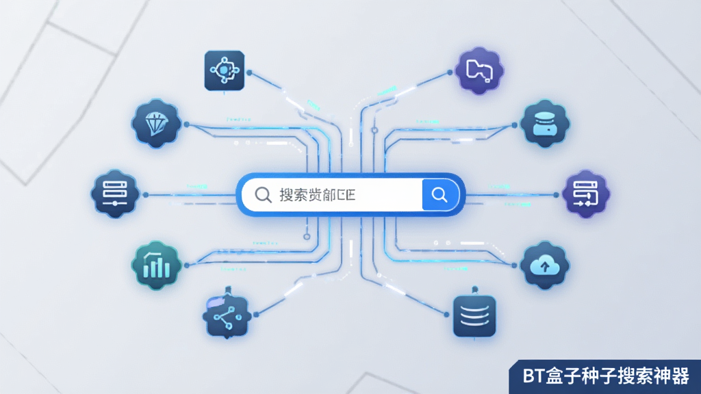 展示多源聚合搜索的流程示意图,中央是搜索框,周围连接多个数据源图标,采用线条连接,背景浅灰色,科技感风格,画质清晰,干净无多余元素,图片角落标注“BT盒子种子搜索神器”