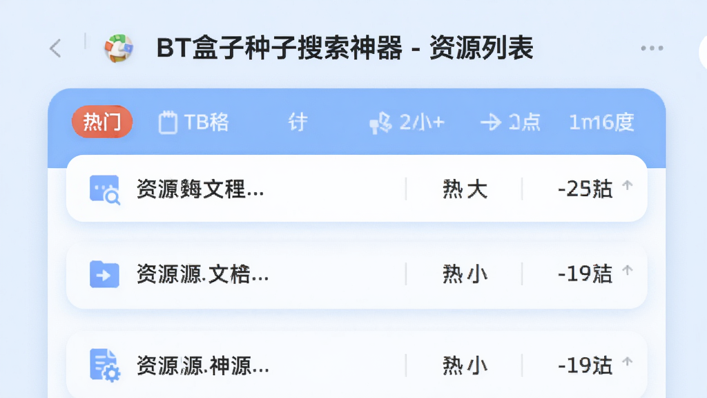 展示资源列表按热度排序的界面,热门资源置顶并带有“热门”标签,列表包含文件名称、大小、热度数值,背景为淡蓝色,圆角卡片设计,画质细腻,干净无多余元素,界面标题为“BT盒子种子搜索神器 - 资源列表”