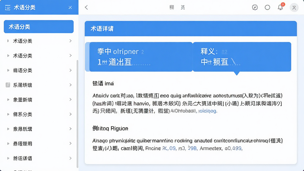 软件主界面展示,左侧为术语分类列表,右侧为术语详情卡片,包含中英对照、释义与例句,整体采用蓝白清新配色,扁平化设计风格,界面干净整洁,文字清晰,画质高清,无多余元素