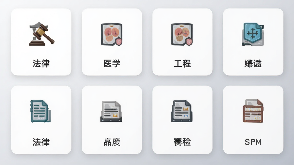 软件特色界面,展示术语库分类图标,如法律、医学、工程等,背景为浅灰色渐变,卡片式布局,每个图标下方标注行业名称,风格简约现代,画质干净,无多余元素