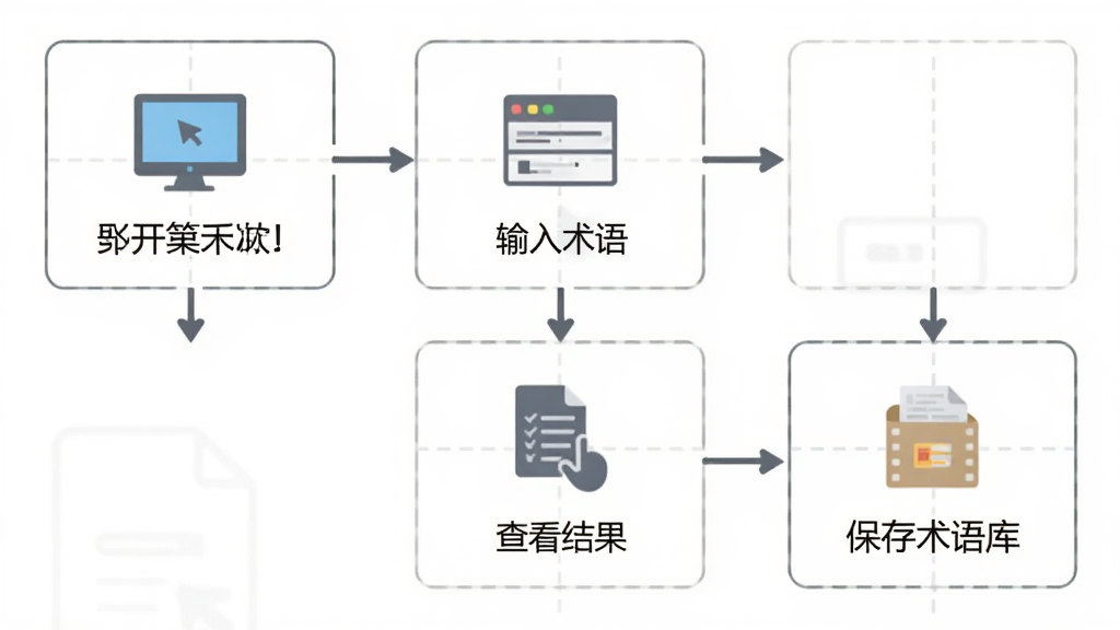 软件操作流程图,第一步打开软件,第二步输入术语,第三步查看结果,第四步保存到术语库,以步骤卡片形式展示,背景为白色,图标简洁,风格扁平化,画质干净,无多余元素