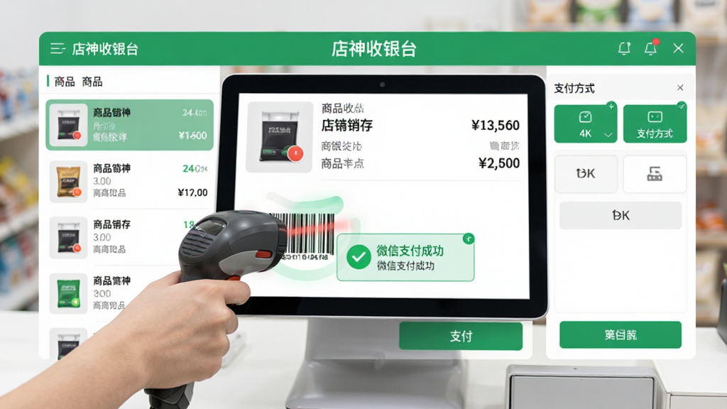 主体:店神进销存(收银)一体化系统的收银功能界面,收银员正在扫描商品条码。布局:界面中央为收银操作台,左侧为商品列表,右侧为支付方式选择区。排版:顶部显示“店神收银台”,中间为商品详情和金额,底部为支付按钮。风格:清晰明亮的界面风格,绿色与白色搭配。细节:扫码枪对准商品条码,屏幕上显示“微信支付成功”提示。画质:4K超清,干净无多余元素。