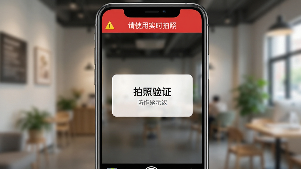水印相机拍打卡照片防作弊功能示意图,手机界面显示“拍照验证”提示框,背景为模糊的室内环境,顶部有红色警示条写着“请使用实时拍照”,布局居中,风格简洁明了,画质高清,干净无多余元素