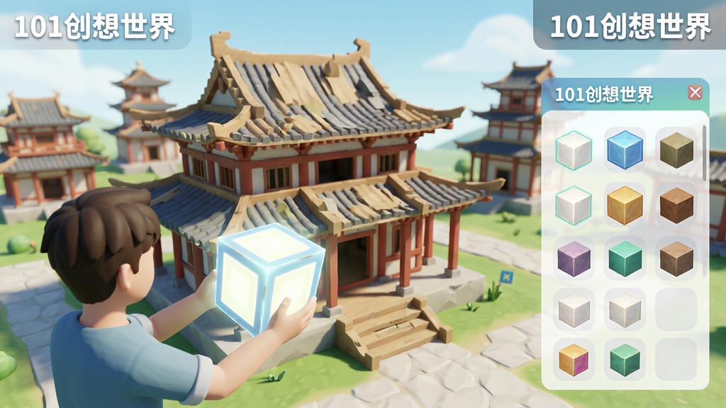 主体:一个玩家正在101创想世界中搭建一座中式古建筑,手中拿着一个发光的方块。布局:画面中央是未完成的建筑,右侧是选择方块的界面。排版:前景为建筑,中景为玩家操作,背景为其他玩家的建筑群。风格:清新明亮,具有艺术感。细节:方块边缘清晰,光影自然。画质:高清,干净,无多余元素。图片中的文字标注为“101创想世界”。