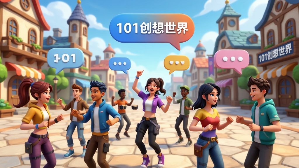 主体:多个玩家角色在101创想世界的广场上一起跳舞和聊天。布局:画面中央是广场,周围是各种风格的建筑,上方有聊天气泡。排版:前景为玩家角色,中景为广场,背景为建筑和天空。风格:活泼欢快,色彩丰富。细节:角色表情生动,动作自然。画质:超清,干净,无多余元素。图片中的文字标注为“101创想世界”。