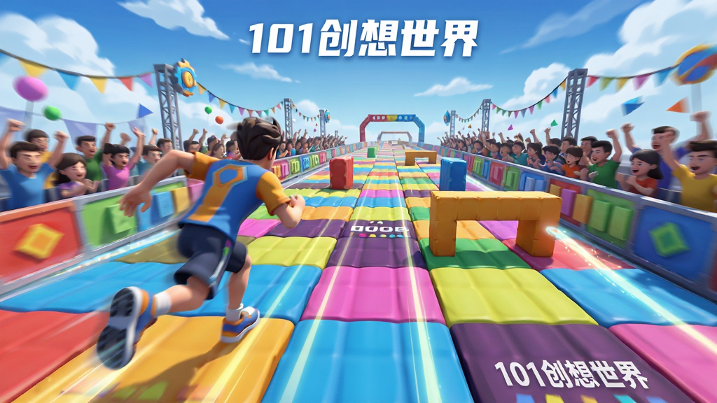 主体:101创想世界中的跑酷赛道,赛道由各种颜色的方块组成,上面有加速带和障碍物。布局:赛道从近景延伸到远景,两侧有观众和装饰。排版:前景为玩家角色在奔跑,中景为赛道,背景为蓝天和云朵。风格:动感十足,色彩鲜明。细节:赛道有光影效果,角色有动态模糊。画质:高清,干净,无多余元素。图片中的文字标注为“101创想世界”。