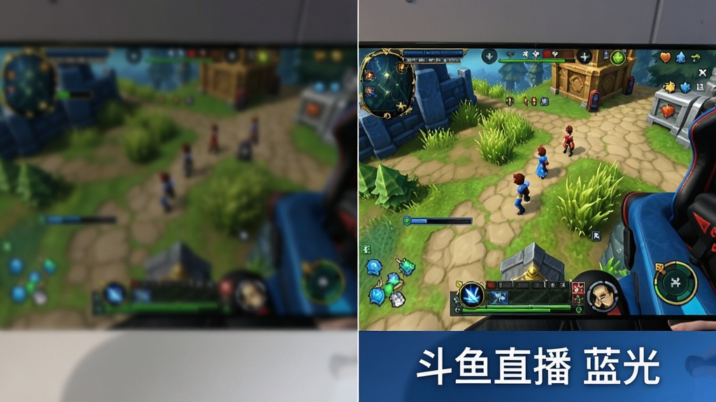 一张对比图,左侧为普通画质下略显模糊的游戏画面,右侧为斗鱼直播蓝光画质下细节丰富、色彩鲜艳的游戏画面,右侧画面下方标注“斗鱼直播 蓝光”字样,整体风格简洁直观,画质清晰,无多余元素