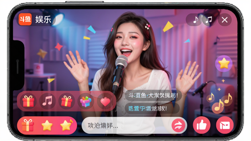 一张斗鱼直播APP内互动界面的示意图,画面模拟手机屏幕,显示一个正在唱歌的娱乐直播间,屏幕下方有清晰的礼物栏、弹幕输入框和点赞动画,整体氛围欢快活泼,界面设计现代,色彩明亮,无多余元素